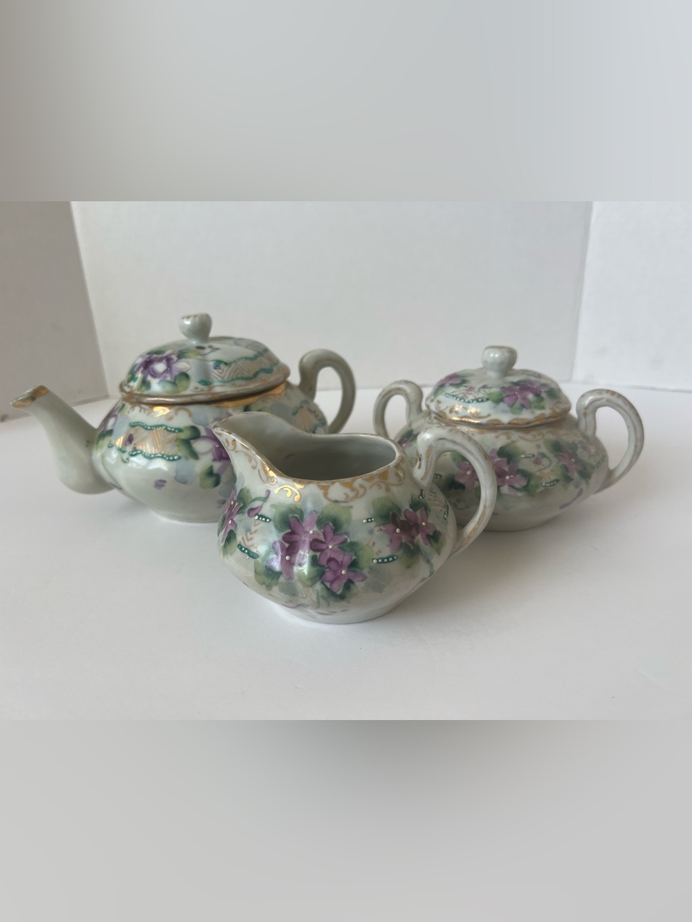 Vintage Mikado Japan Beverly Violet Porcelain Teapot Sugar Creamer 3-Pc Set